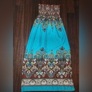 Bohemian Strapless Maxi Dress in Blue and Brown